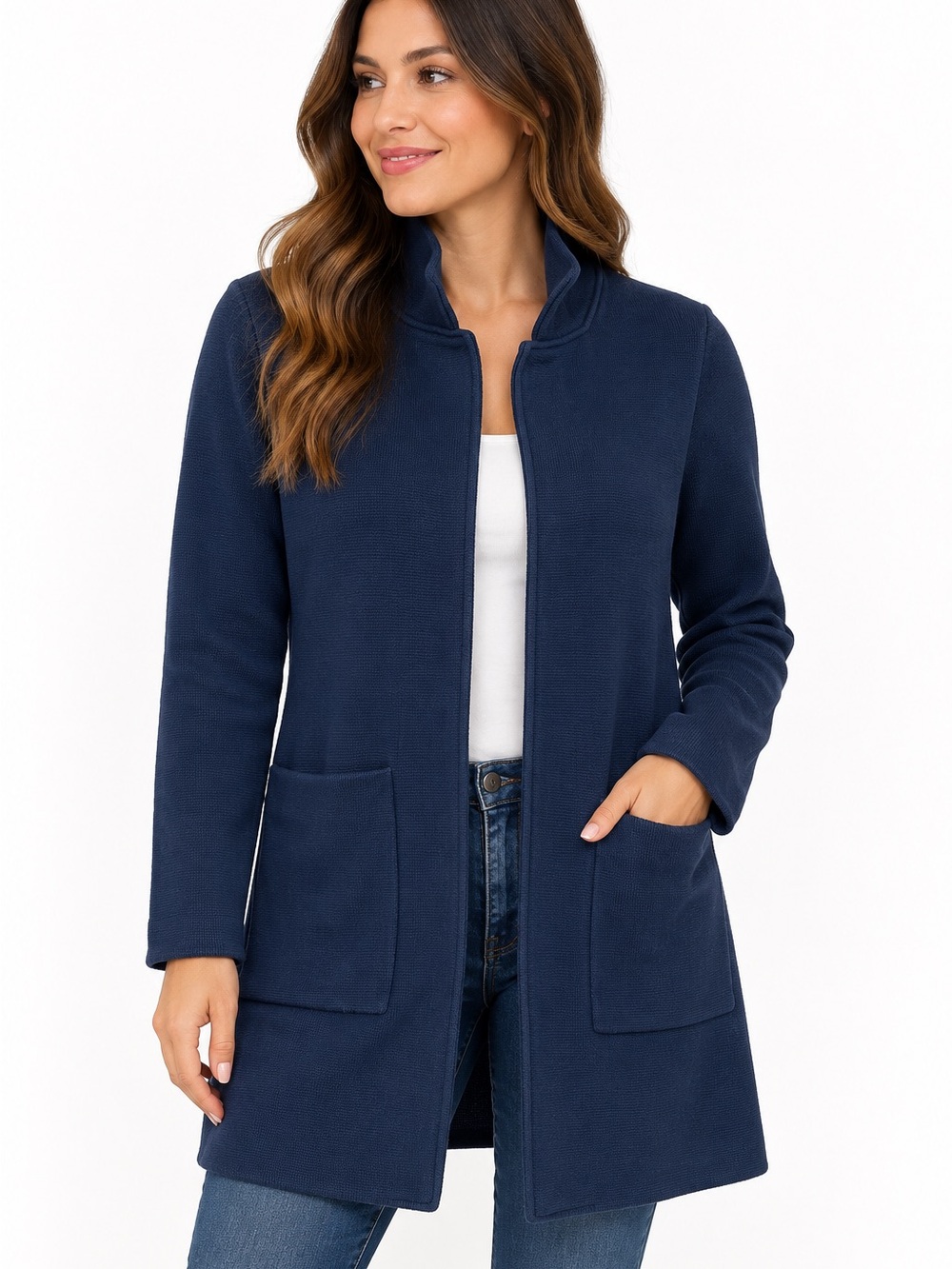 Quince Navy Open-Front Long Pea Coat